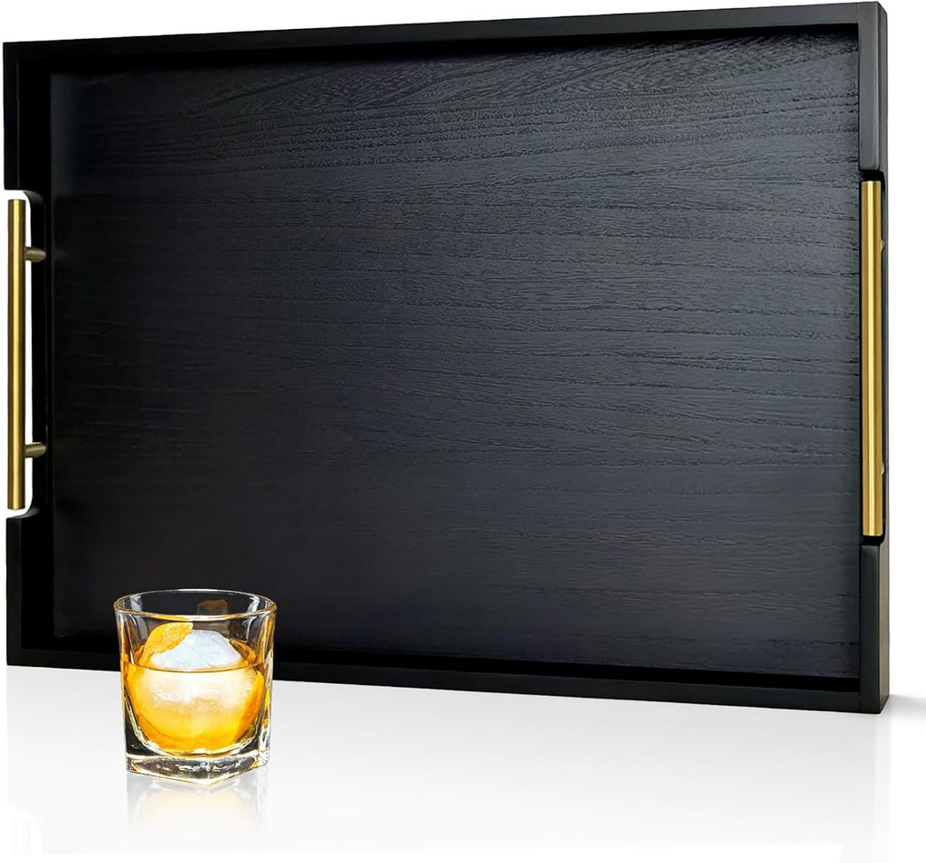 22 Inches Acacia Wood Serving Tray with Metal Handles, Large Wooden Rectangle Ottoman Tray, Decorative and Durable Design for Living Room Coffee Table Couch Kitchen