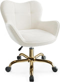 Vanity Chair with Wheels, Cute Home Office Desk Chairs Adjustable Height for Living Bedroom, Small Modern Fluffy Velvet Makeup Chair with Back for Girls (White)