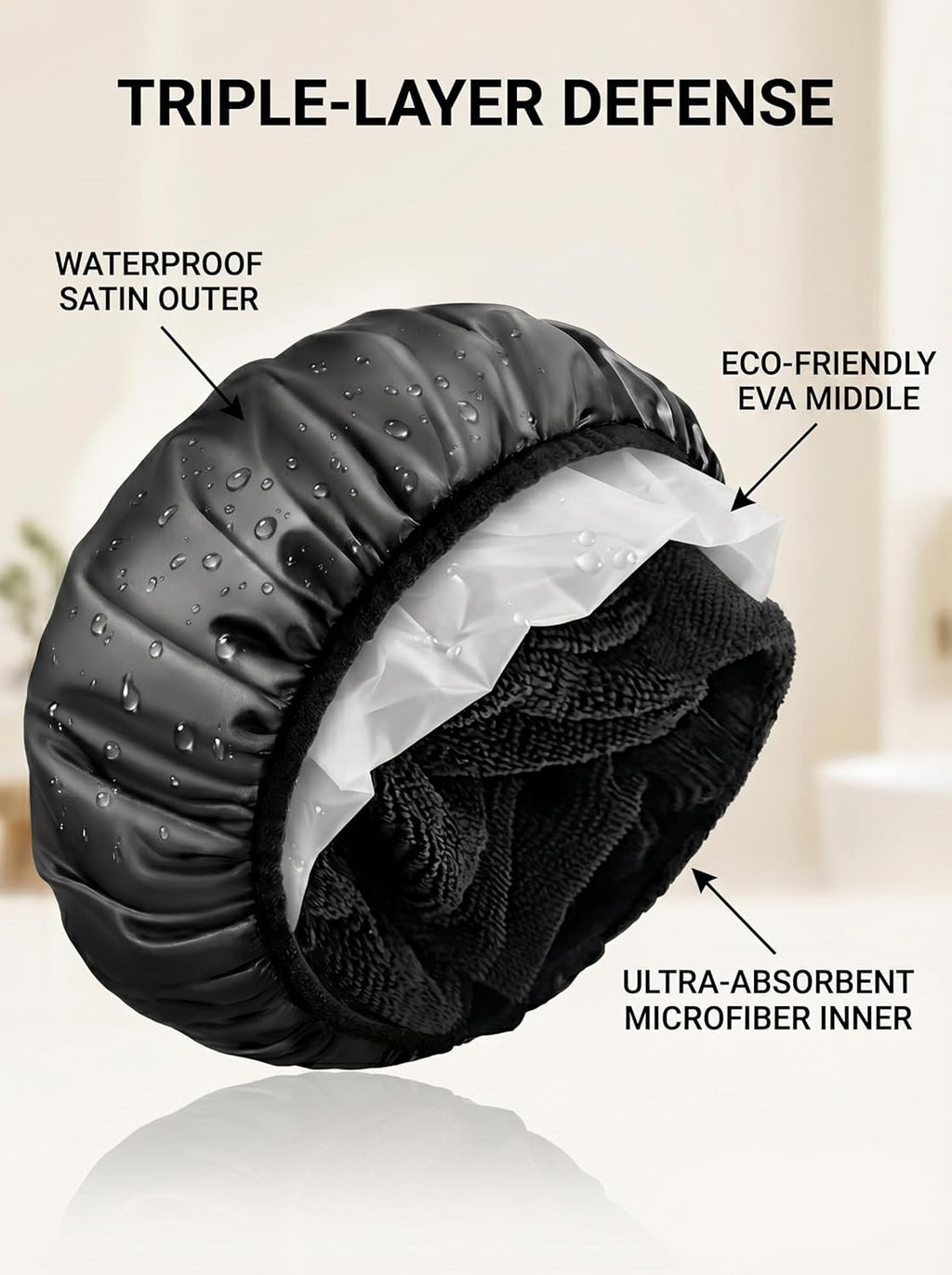 Shower Cap,Terry Lined Shower Cap for Women Reusable, Triple Layer Waterproof Bath Cap, Extra Large for Women Long Hair(Black)