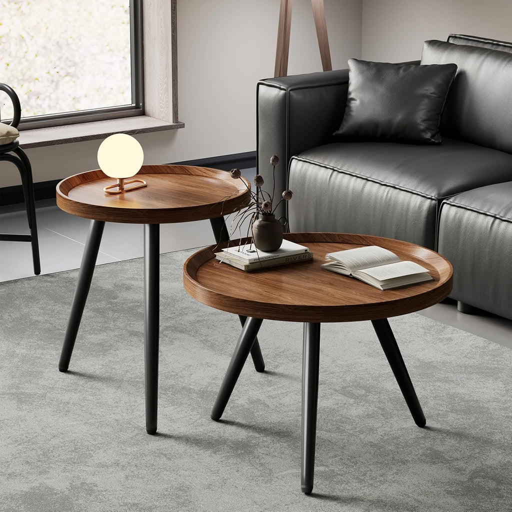 2 PCS Small Round Coffee Table Set, Mid Century Modern Coffee Tables for Living Room, Walnut Nesting Tables for Small Spaces, Easy Assembly Circle Wood Center Table,Black Nesting Coffee Table Set of 2