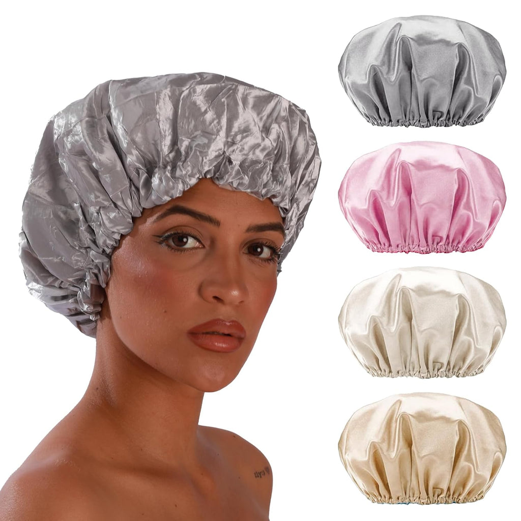 4 Pack Shower Caps for Women, Reusable Waterproof Double Layer Bath Cap, Large EVA Elastic Hair Cover for Shower, Fits Long Hair & Braids, for Spa & Home