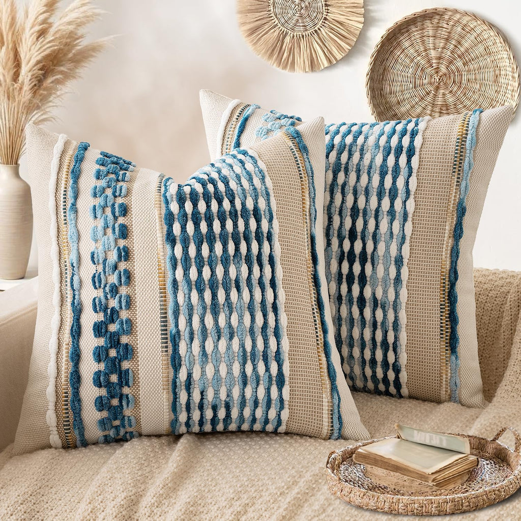 ANRODUO Pack of 2 Boho Decorative Throw Pillow Covers 18x18 Farmhouse Cushion Case Striped Chenille Pillow Cases Square Pillow Covers Accent Neutral Pillowcase for Sofa Couch Bed, Olive Green Stripe