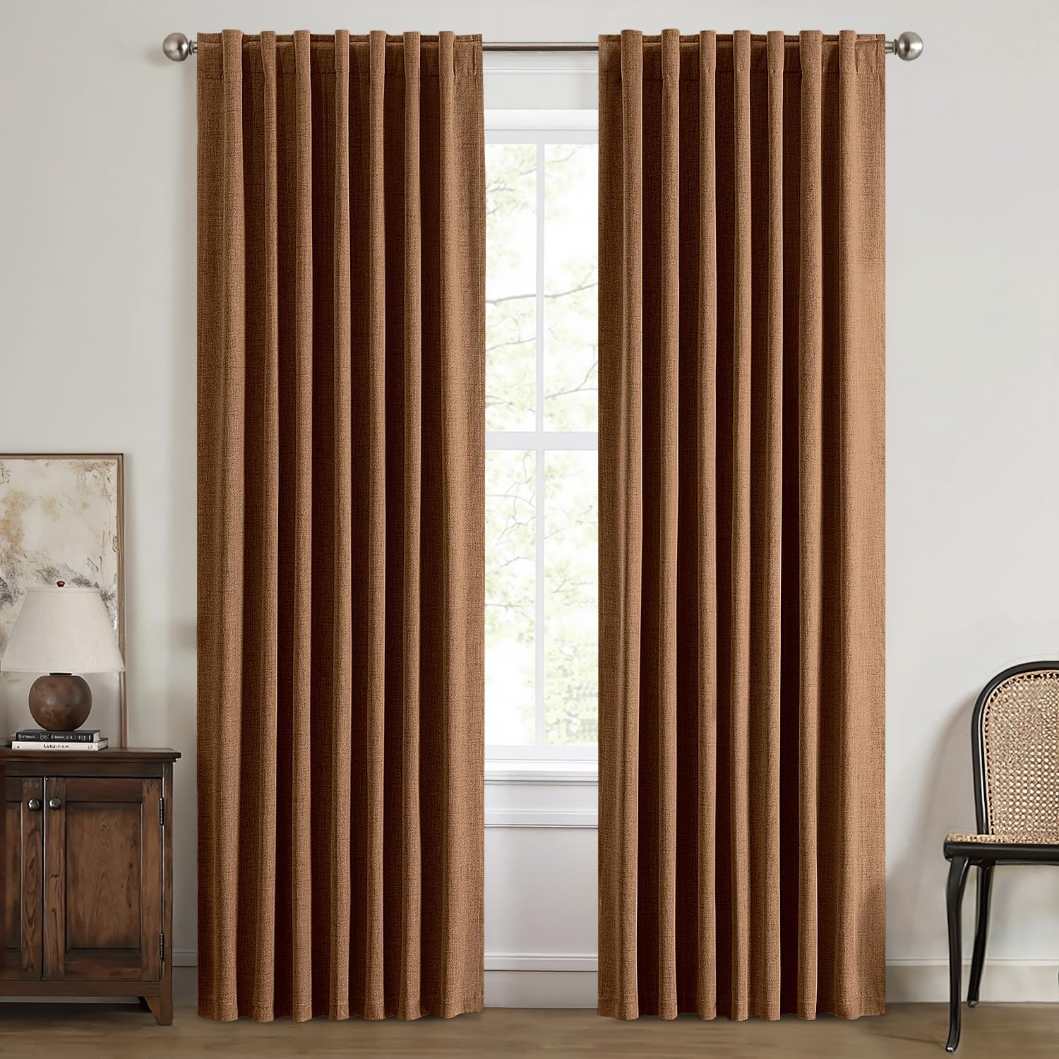 100% Blackout Linen Curtains for Bedroom, Ivory Solid Luxury Decor Thermal Insulation Room Darkening Drapes for Living Room Nursery Back Tab Rod Pocket 42 x 84 Inches, 2 Panels