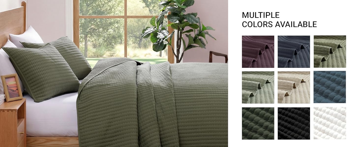 Queen Quilt-3 Pieces Lightweight Bedspreads Olive Green Queen Size Quilt Bedding Set for All Seasons, Soft Summer Coverlet with 2 Pillow Shams Suitable for Bed & Couch