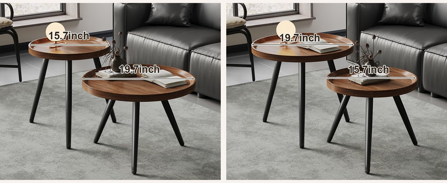 2 PCS Small Round Coffee Table Set, Mid Century Modern Coffee Tables for Living Room, Walnut Nesting Tables for Small Spaces, Easy Assembly Circle Wood Center Table,Black Nesting Coffee Table Set of 2