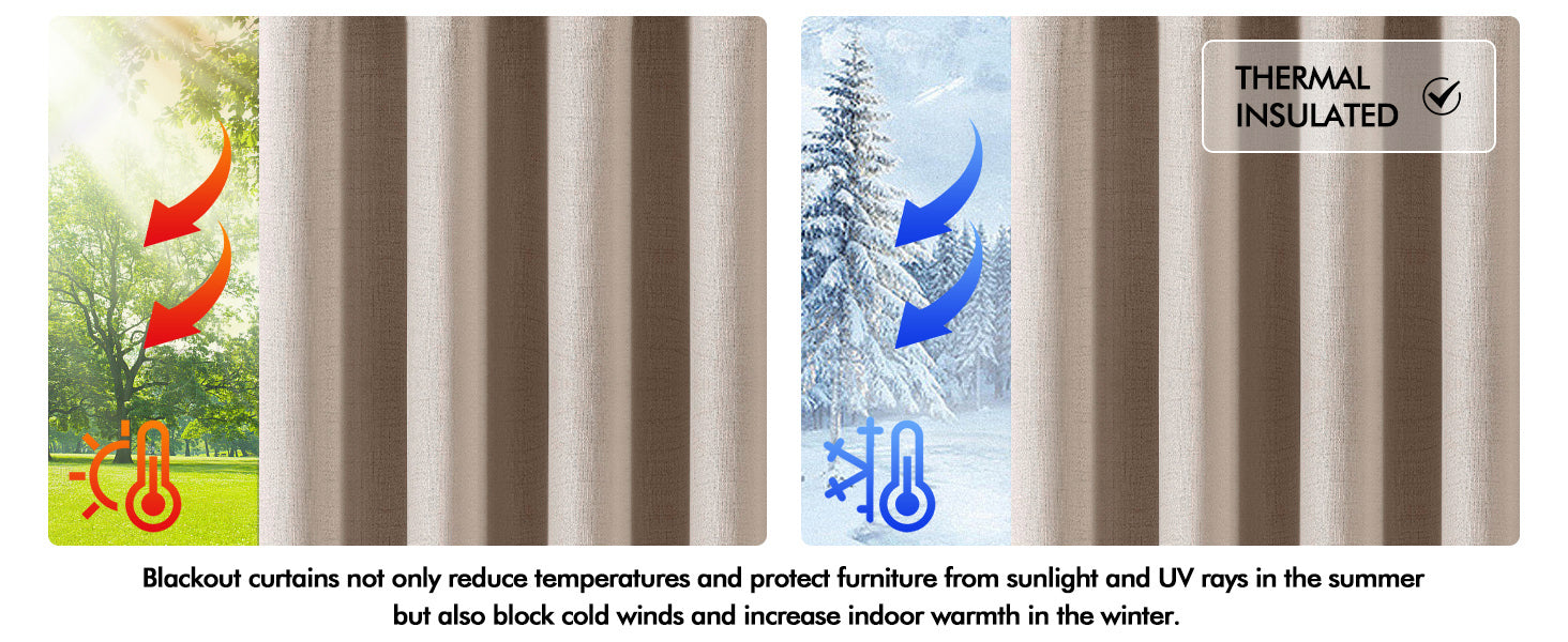 100% Blackout Linen Textured Curtains for Bedroom Solid Thermal Insulated Natural Beige Grommet Room Darkening Curtains & Drapes Luxury Decor for Living Room Nursery 52 x 84 Inch (2 Panels)
