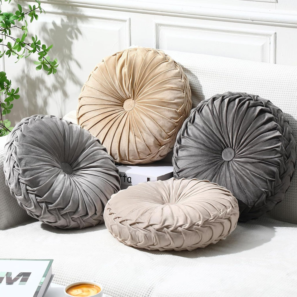 Kathfly Set of 4 Decorative Round Pleated Throw Pillows, Classy Velvet Pumpkin Round Throw Pillows, Decorative Floor Pillow for Bed Chair Home Sofa Decor, 14" Diameter(Colorful)