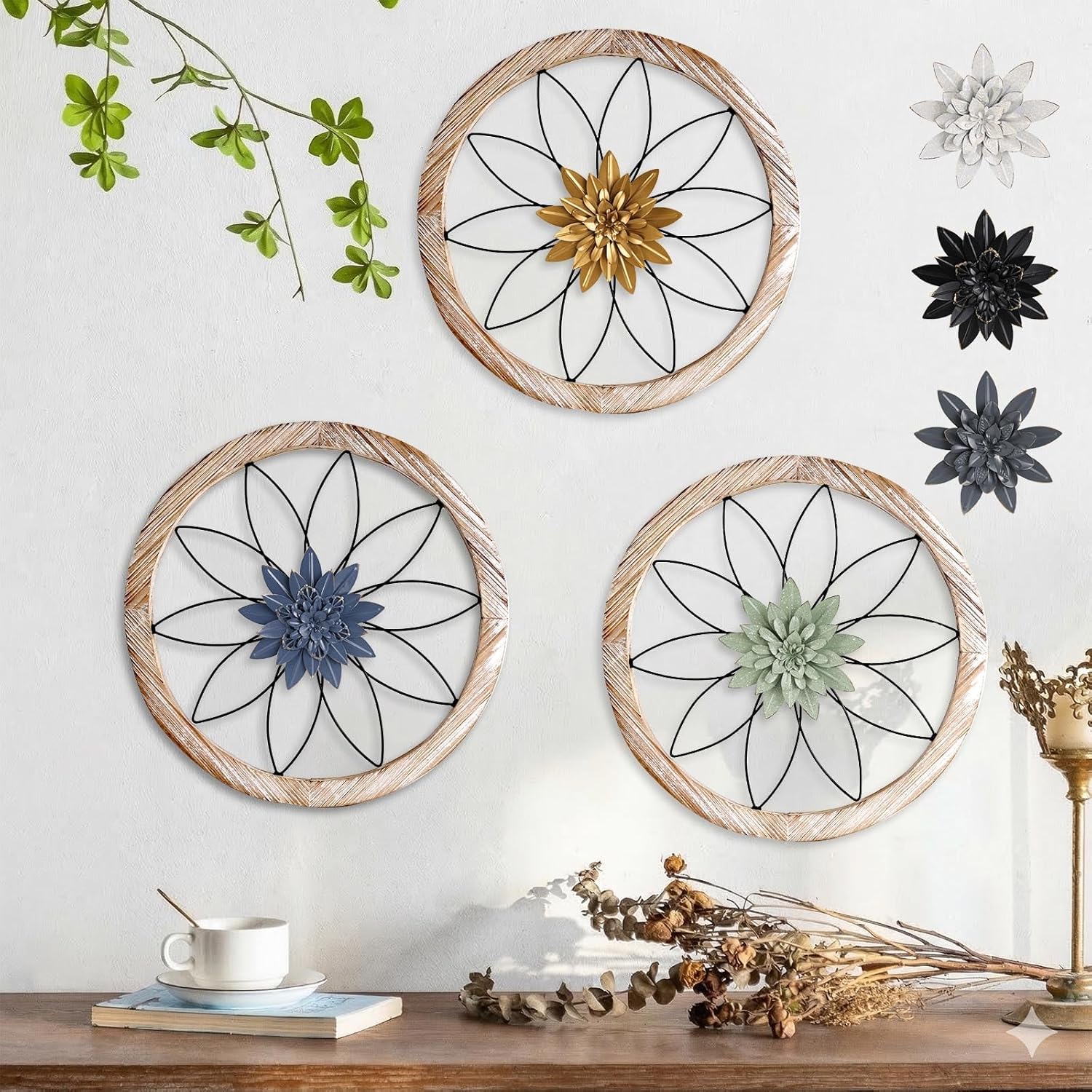 Paquesta 3 Piece Round Farmhouse Wall Decor with 6 Piece Interchangeable Flowers 12'' Medallion Wood & Metal Rustic Wall Art for Living Room Bedroom Kitchen Bathroom Dining Room Home Decorations