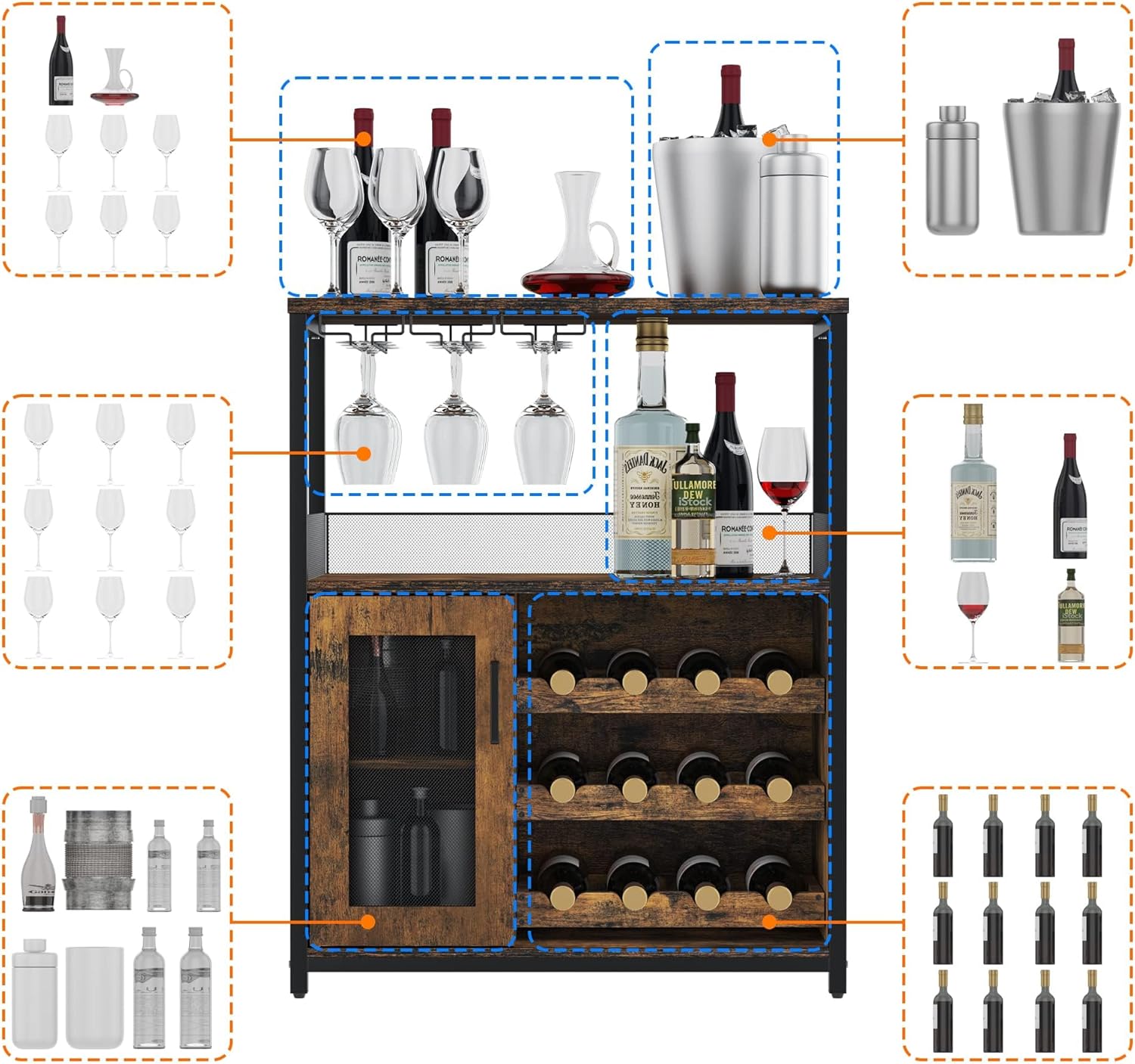 3-Tier Wine Bar Cabinet with Detachable Wine Rack and Storage Space, Buffet Cabinet with Glass Holder and Mesh Door, for Kitchen, Living Room and Bar .Rustic Brown.