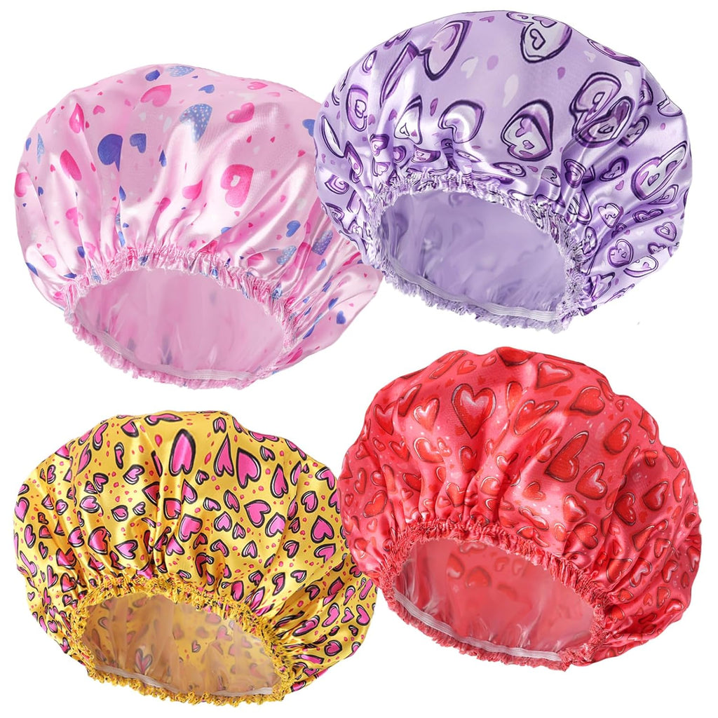 4 PCS Shower Caps for Women, Elastic and Reusable Bath Caps, Double Waterproof Layers Shower Cap, Bathing Shower Caps, Environmental Protection Hair Bath Hat - Printed Color