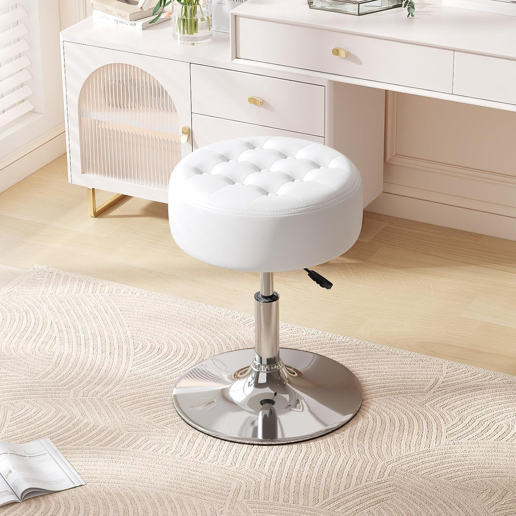 Mid-Century Tufted Adjustable Swivel Makeup Ottoman Stool; Modern Big Size Round Vanity Stool Chair for Bedroom Living Room (White)