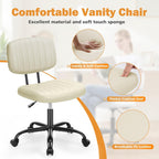 Small Office Desk Chair - Armless PU Leather with Comfy Lumbar Support, Height Adjustable Rolling Swivel Task for No Arms, for Adult, Student, Bedroom, Home, Vanity, Beige White