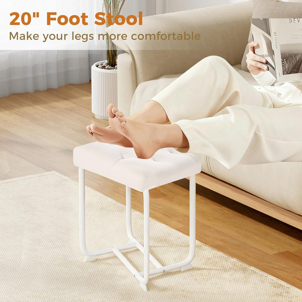 White Vanity Chair, Leather Vanity Stool, Small Stool Chair for Vanity, Square Ottoman Foot Stool, Makeup Vanity Chairs with Thick Padded Seat for Bathroom, Bedroom, Entryway, KFD01W