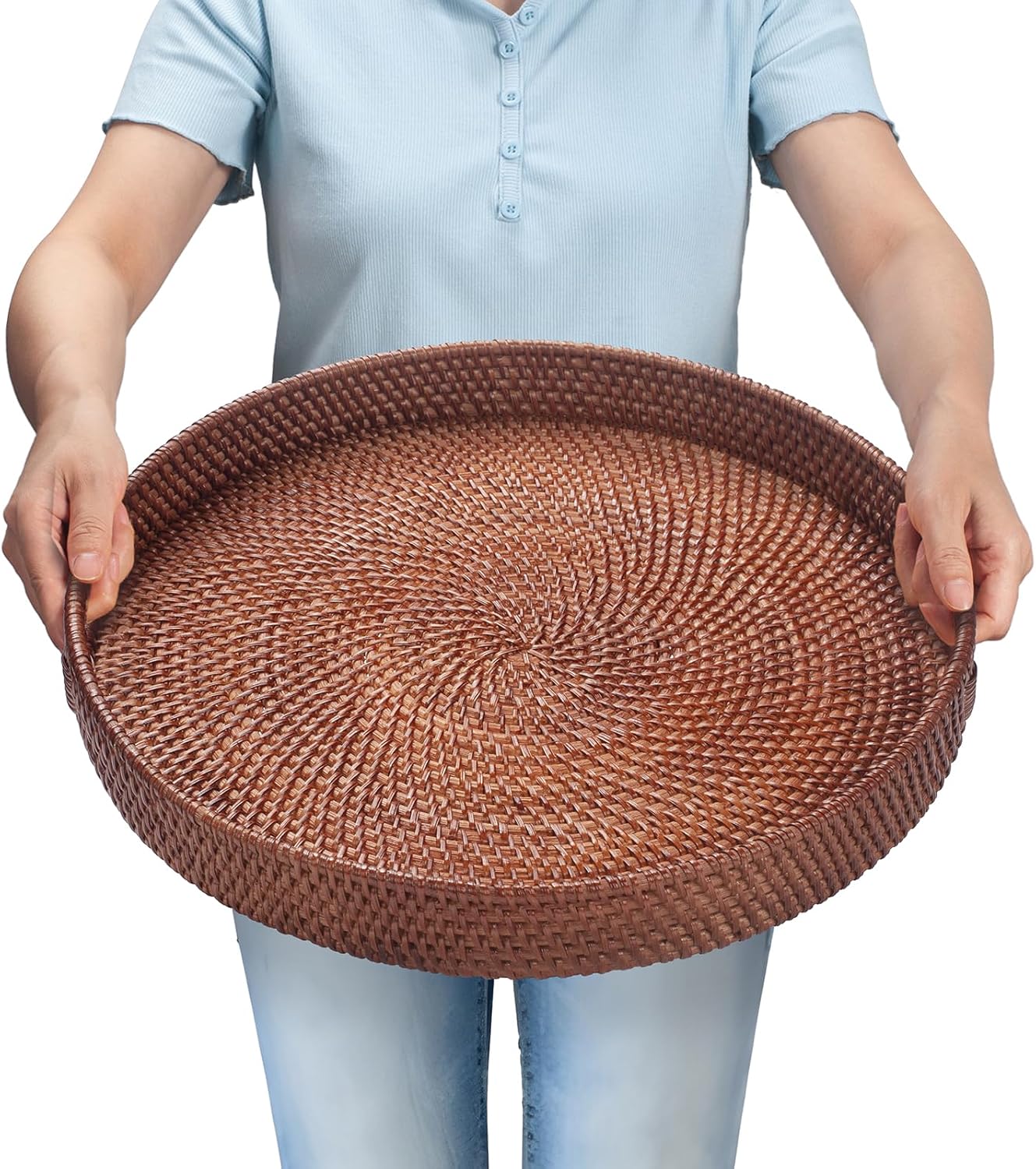13.8 inch Round Rattan Tray, Decorative Coffee Table Tray, Ottoman Tray, Woven Serving Tray with Handles, Wicker Serving Basket, Whitewash