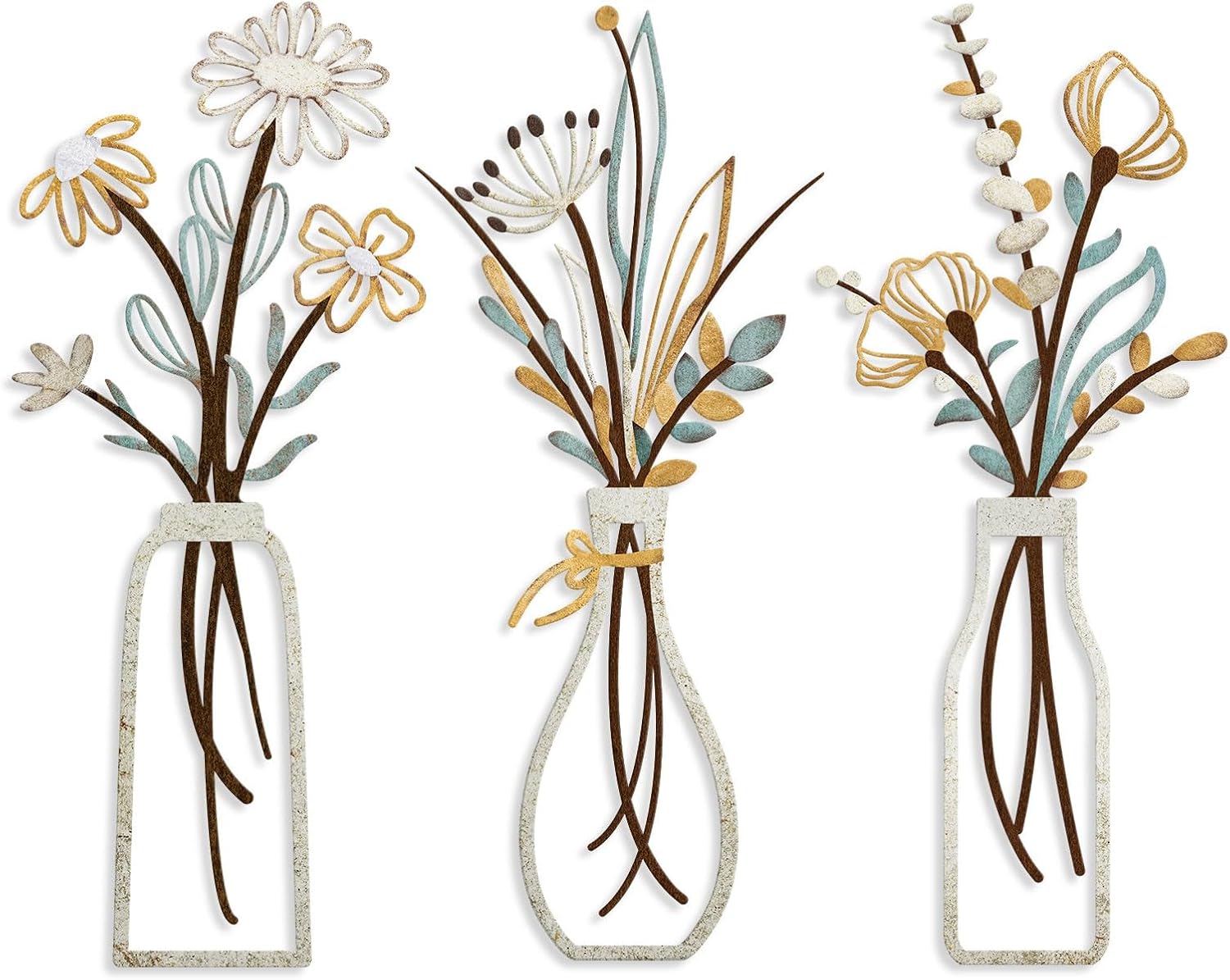3 Pieces Metal Flowers Wall Arts - Rustic Farmhouse Decor Black Minimalist Flower Wall Decors for Living room Bathroom Bedroom Dining Room - Housewarming Gifts(Black, Vase-C)