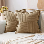 MIULEE Decorative Throw Pillow Covers for Couch Bed Livingroom 18x18 Inch Set of 2 Beige Boho Accent Throw Pllows Broadside Striped Patchwork Soft Corduroy Pillowcases