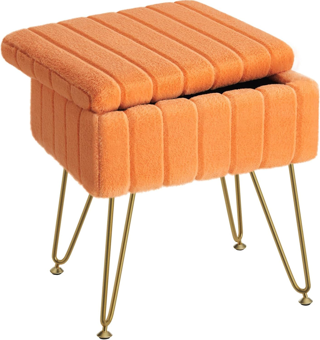 Vanity Stool Chair Faux Fur with Storage, 15.7"L x 11.8"W x 19.4"H Soft Ottoman 4 Metal Legs with Anti-Slip Feet, Furry Padded Seat, Modern Multifunctional Chairs for Makeup, Bedroom White