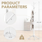 Coat Rack Freestanding with 8 Hooks,Easy Assembly New Zealand Pine Tree Coat Racks, 3 Adjustable Sizes for Clothes, Hats, Bags, for Entryway, Hallway, Bedroom, Office (White, 1 PC)