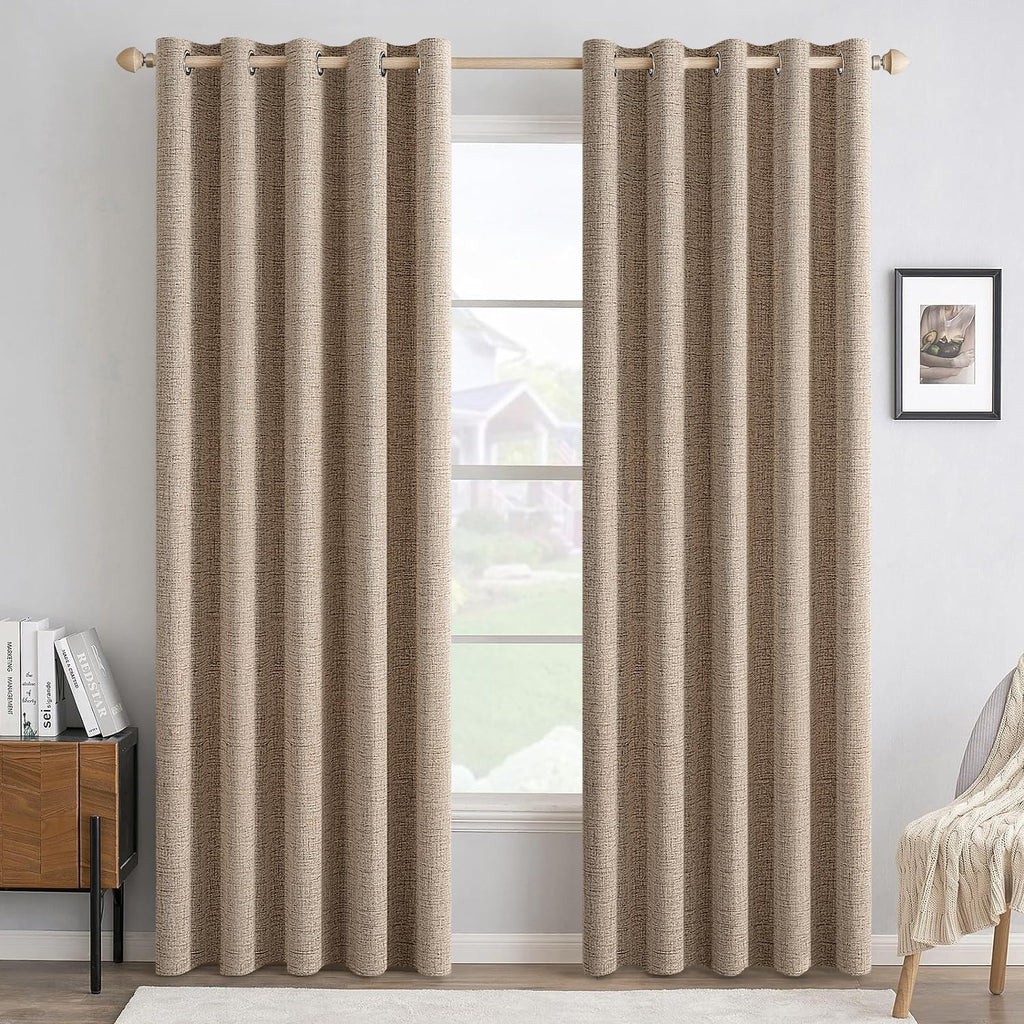 100% Blackout Linen Textured Curtains for Bedroom Solid Thermal Insulated Natural Beige Grommet Room Darkening Curtains & Drapes Luxury Decor for Living Room Nursery 52 x 84 Inch (2 Panels)