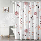Watercolor Floral Shower Curtain, 3D Embossed Butterflies Grey Beige Flower Bathroom Curtains, Minimalist White Cloth Bath Curtain, Waterproof Fabric Textured Shower Curtain Set with Hooks, 72x72