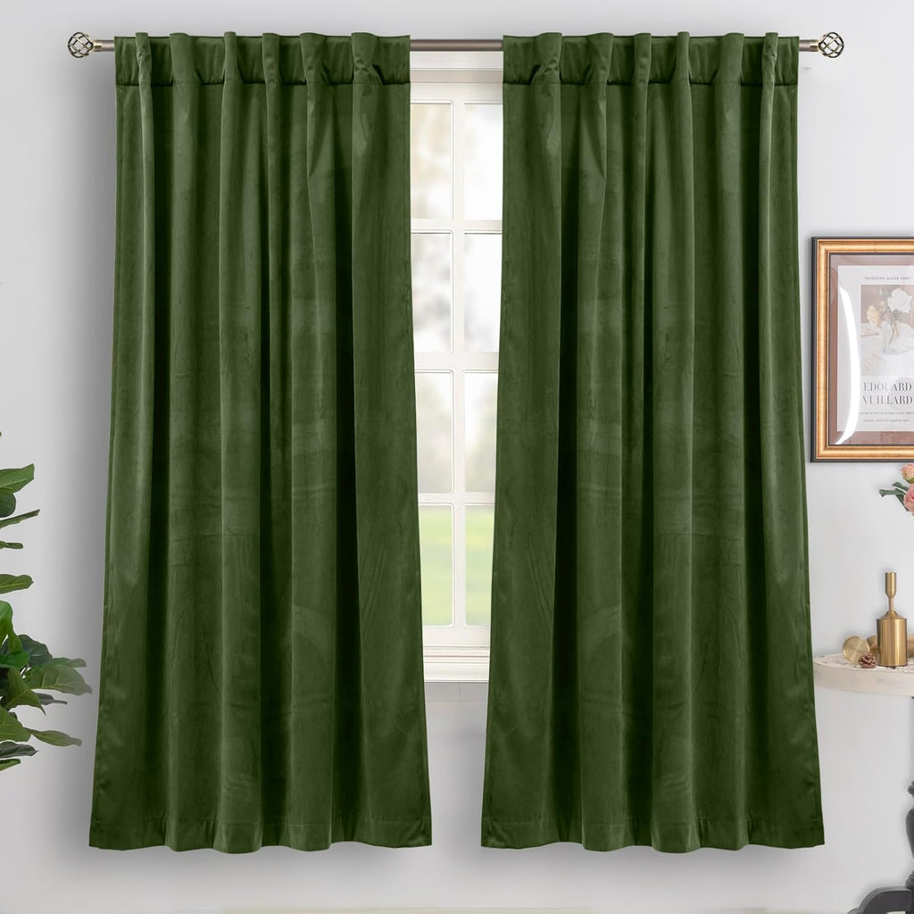 Green Velvet Curtains 84 Inch Length, Thermal Insulated Blackout Curtains Room Darkening Drapes with Back Tab and Rod Pocket for Living Room/French Door, Set of 2 Panels, 52 x 84 Inch