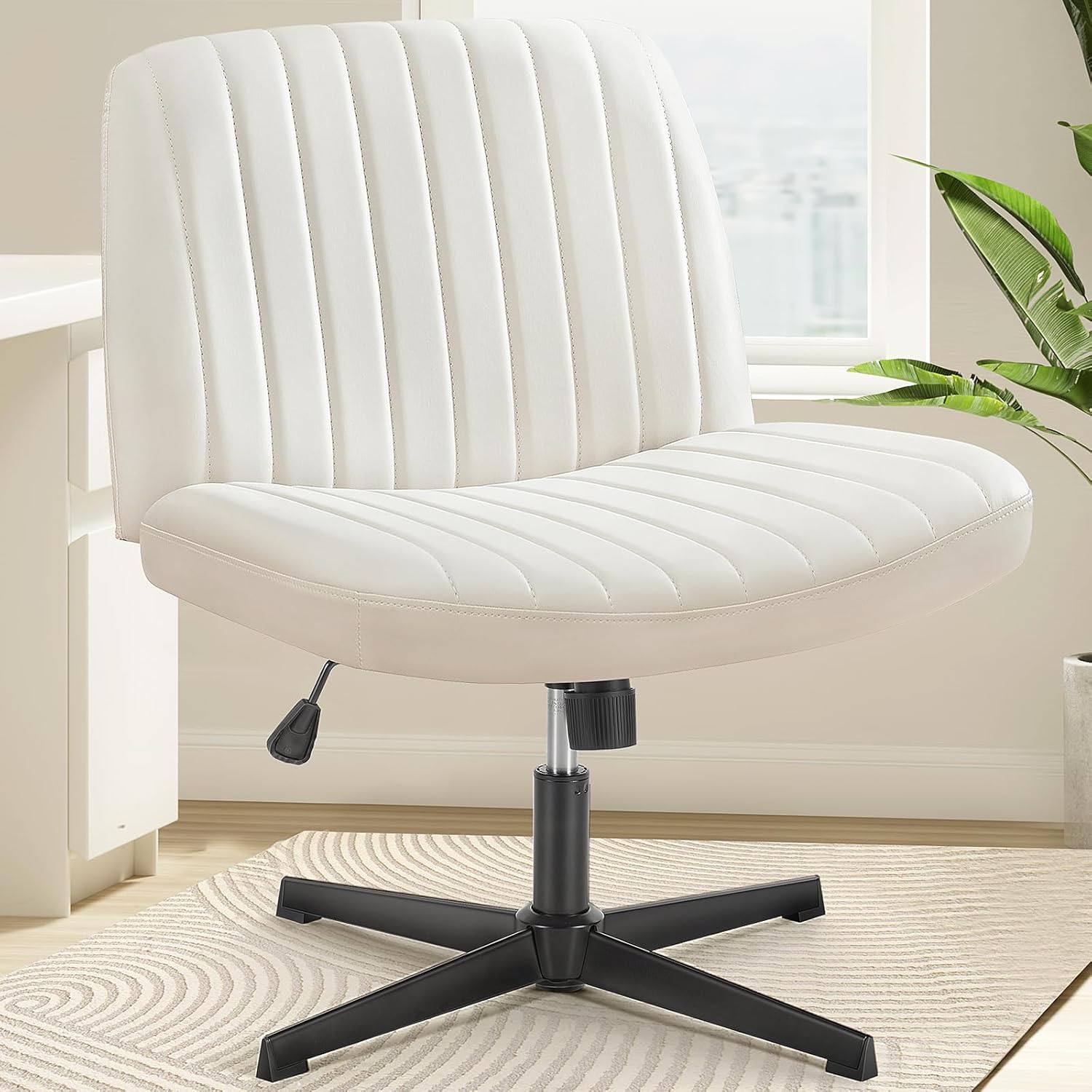 Criss Cross Chair with Wheels Wide Cross Legged Office Desk Vanity Chair Comfy Fabric Armless Adjustable Swivel for Home Computer Task Teddy Pink