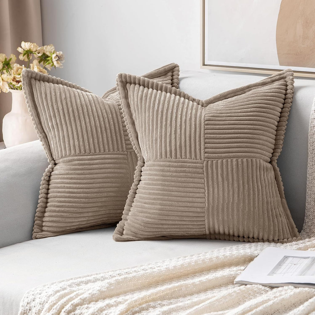 MIULEE Decorative Throw Pillow Covers for Couch Bed Livingroom 18x18 Inch Set of 2 Beige Boho Accent Throw Pllows Broadside Striped Patchwork Soft Corduroy Pillowcases