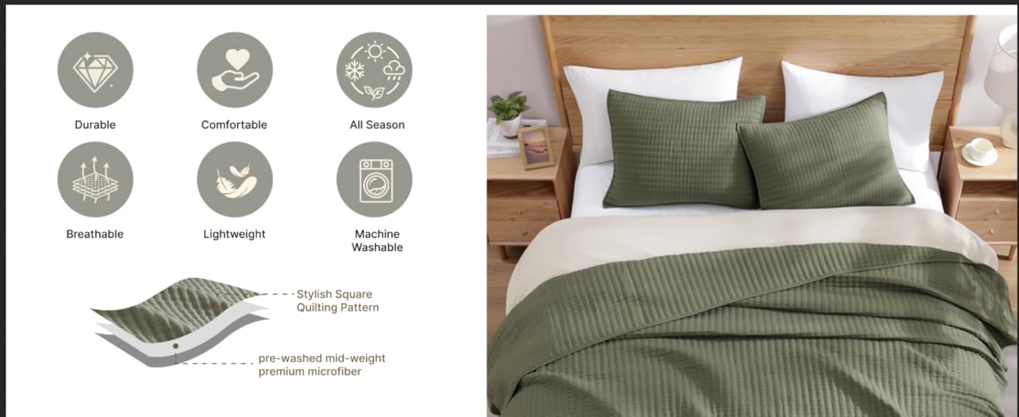 Queen Quilt-3 Pieces Lightweight Bedspreads Olive Green Queen Size Quilt Bedding Set for All Seasons, Soft Summer Coverlet with 2 Pillow Shams Suitable for Bed & Couch