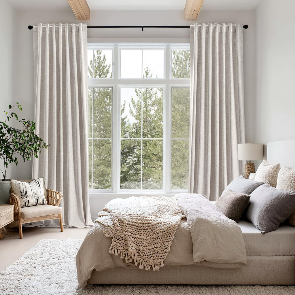 100% Blackout Linen Curtains for Bedroom, Ivory Solid Luxury Decor Thermal Insulation Room Darkening Drapes for Living Room Nursery Back Tab Rod Pocket 42 x 84 Inches, 2 Panels