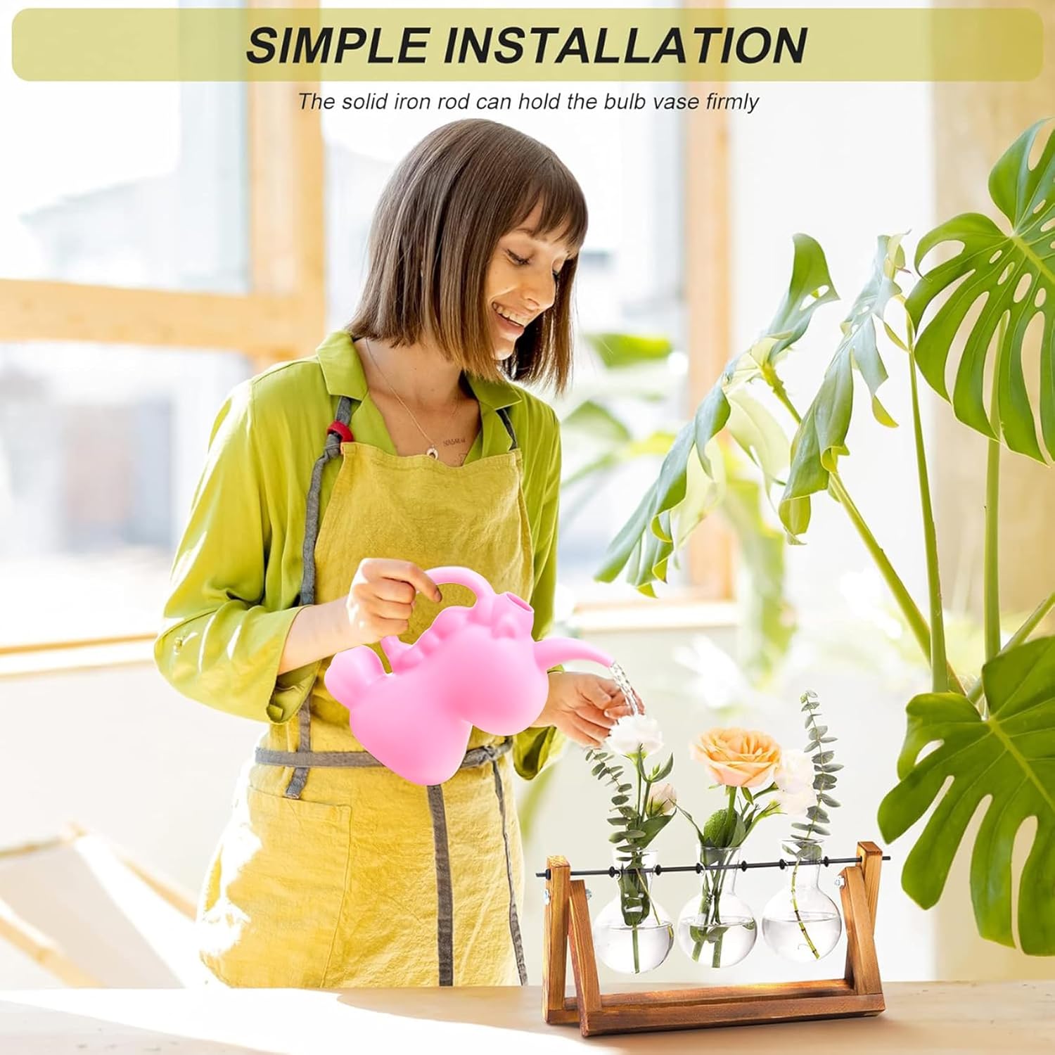 Plant Terrarium with Wooden Stand, Air Planter Bulb Glass Vase Metal Swivel Holder Retro Tabletop for Hydroponics Home Garden Office Decoration - 3 Bulb Vase