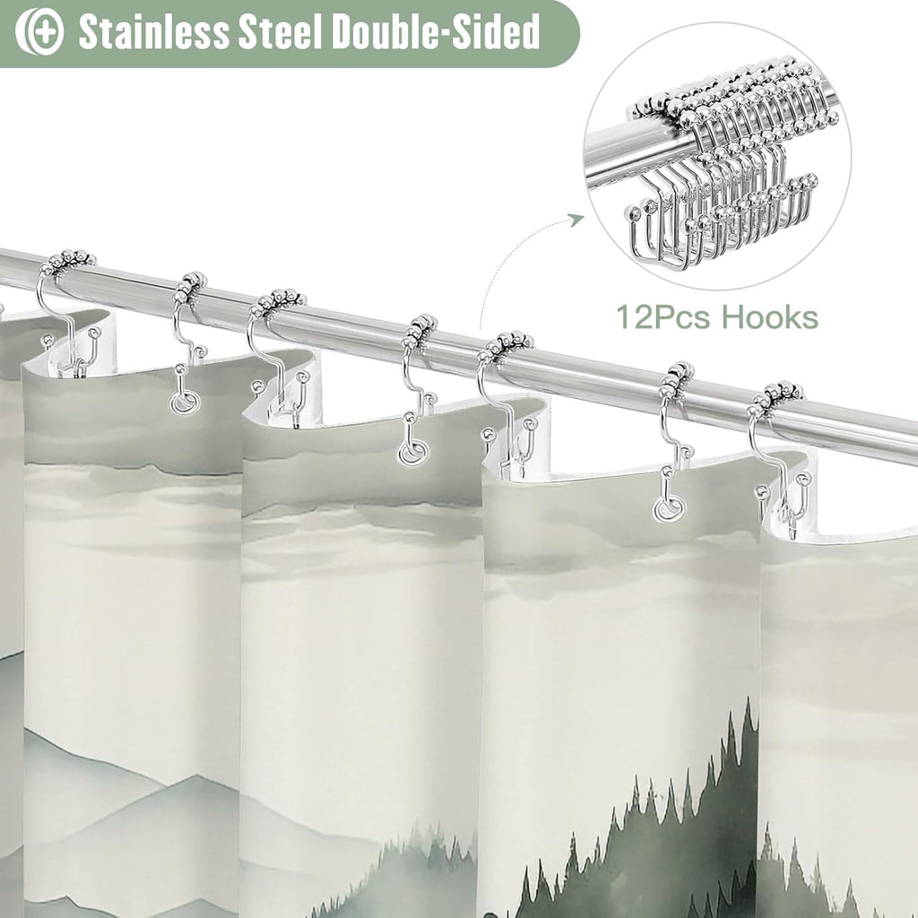 3 in 1 Shower Curtain Set, DarkGreen Misty Pine Forest Fabric Shower Curtain with PEVA Liner and Double Sided Hooks, Bathroom Curtain Waterproof 72x72