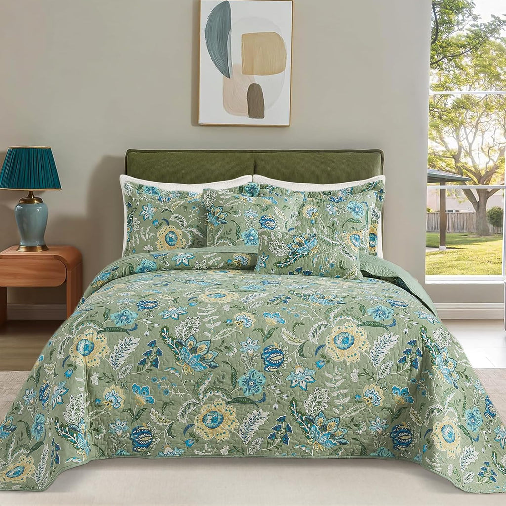 Farmhouse Cotton Quilts Queen Size for Fall - Lightweight Patchwork Autumn Bedspread Set for Bed Coverlet - Highly-Woven Soft Reversible Bed Spread for All Seasons (Floral Orange) 3 Pieces