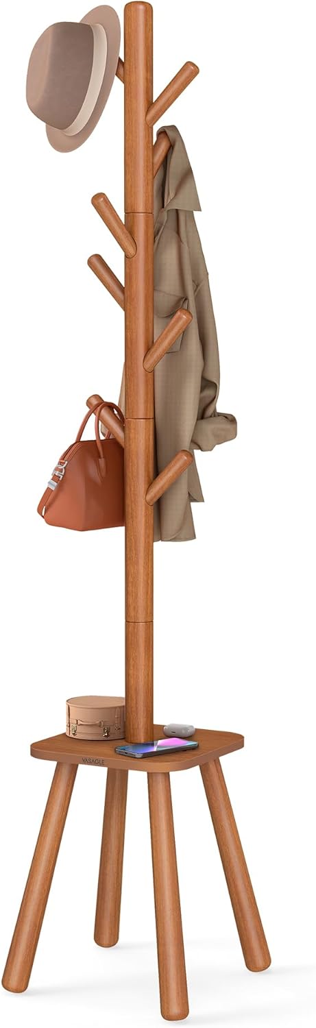Coat Rack, Free Standing Coat Stand, Hall Coat Tree with 8 Hooks and Storage Shelf, 67.2 Inch Tall, for Coats, Hats, Bags, for Entryway, Hallway, Bedroom, Caramel Brown URCR040K01
