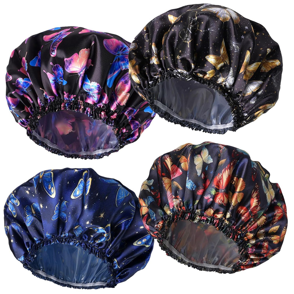 4 PCS Shower Caps for Women, Elastic and Reusable Bath Caps, Double Waterproof Layers Shower Cap, Bathing Shower Caps, Environmental Protection Hair Bath Hat - Printed Color