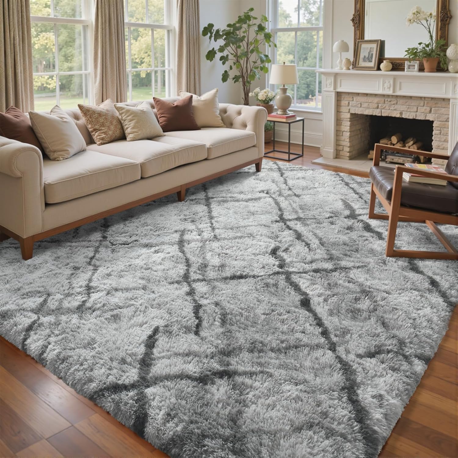 6x9 Ft Large Shag Rugs for Living Room, Tie-Dyed Ultra Soft Fluffy Furry Area Rugs for Bedroom Indoor Floor, Aesthetic Carpet for Kids Home Decor (Dark Grey)