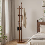 Coat Rack Freestanding, Wooden Coat Tree with 2 Main Rods, Heavy Duty Coat Hanger Stand with 15.75" Dia.Round Base, Walnut Standing Hall Tree for Bedroom Living Room, Clothes Jacket Bag Hat