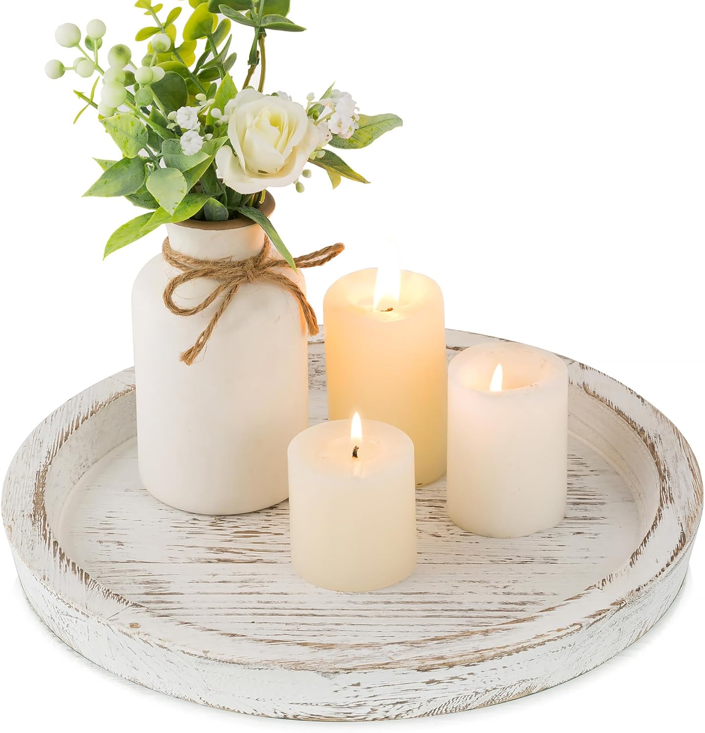Candle Plate Holder Tray: Round White Wood Decorative Tray Decor - Rustic Farmhouse CoffeeTable Decor - Tealight Pillar Trays for Home Decor