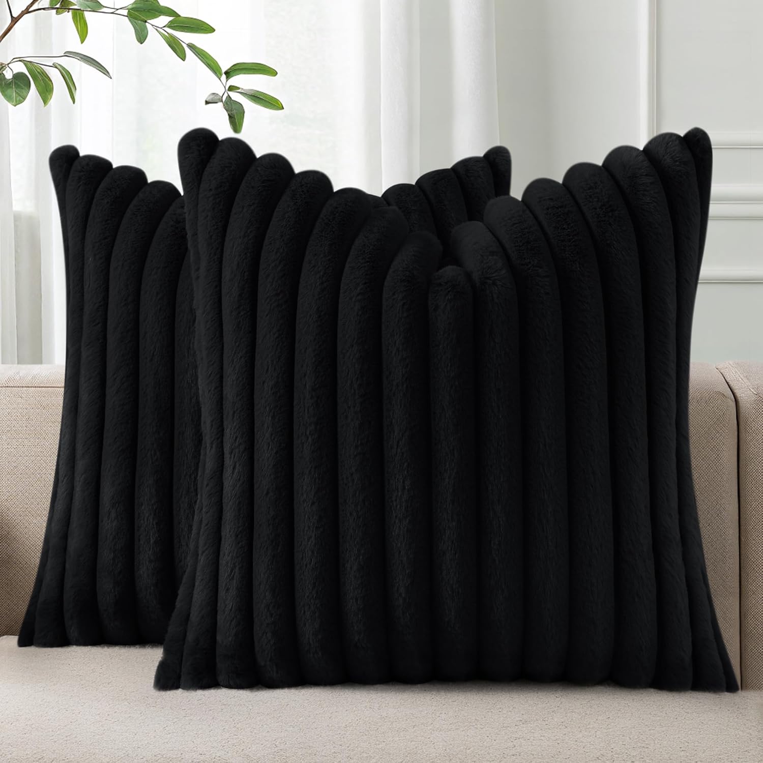 Pallene Faux Fur Plush Throw Pillow Covers 18x18 Set of 2, Luxury Soft Fluffy Striped Decorative Pillow Covers for Sofa, Couch, Living Room, Cream White