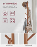 Coat Rack, Free Standing Coat Stand, Hall Coat Tree with 8 Hooks and Storage Shelf, 67.2 Inch Tall, for Coats, Hats, Bags, for Entryway, Hallway, Bedroom, Caramel Brown URCR040K01