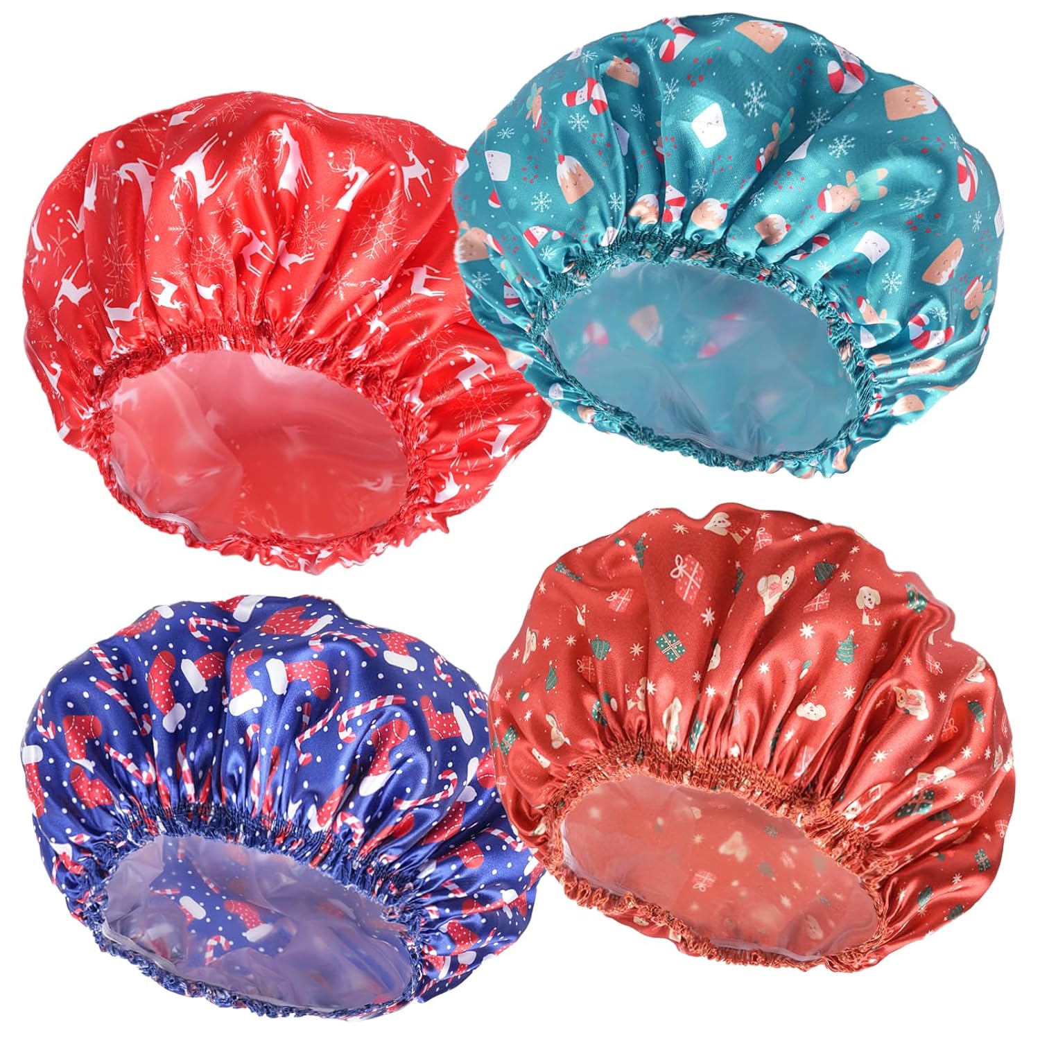 4 PCS Shower Caps for Women, Elastic and Reusable Bath Caps, Double Waterproof Layers Shower Cap, Bathing Shower Caps, Environmental Protection Hair Bath Hat - Printed Color