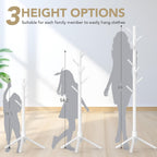 Coat Rack Freestanding with 8 Hooks,Easy Assembly New Zealand Pine Tree Coat Racks, 3 Adjustable Sizes for Clothes, Hats, Bags, for Entryway, Hallway, Bedroom, Office (White, 1 PC)