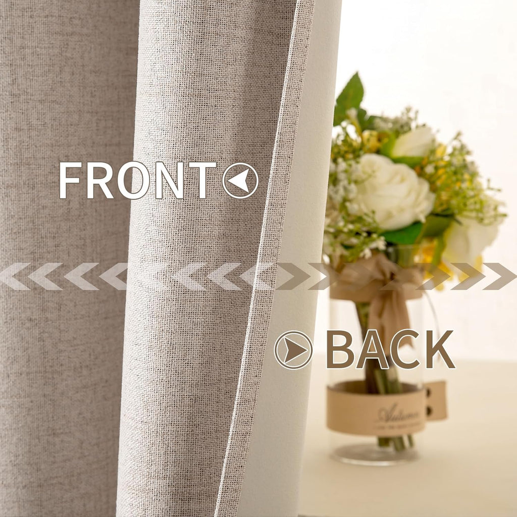100% Blackout Linen Textured Curtains for Bedroom Solid Thermal Insulated Natural Beige Grommet Room Darkening Curtains & Drapes Luxury Decor for Living Room Nursery 52 x 84 Inch (2 Panels)