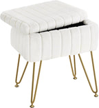 Vanity Stool Chair Faux Fur with Storage, 15.7"L x 11.8"W x 19.4"H Soft Ottoman 4 Metal Legs with Anti-Slip Feet, Furry Padded Seat, Modern Multifunctional Chairs for Makeup, Bedroom White