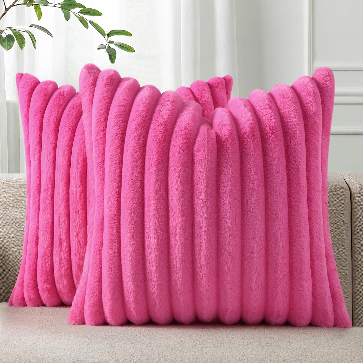 Pallene Faux Fur Plush Throw Pillow Covers 18x18 Set of 2, Luxury Soft Fluffy Striped Decorative Pillow Covers for Sofa, Couch, Living Room, Cream White