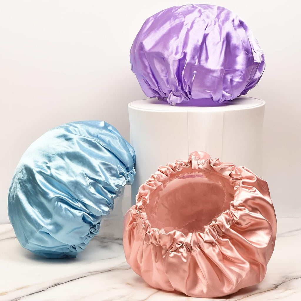 4 Pack Shower Caps for Women, Reusable Waterproof Double Layer Bath Cap, Large EVA Elastic Hair Cover for Shower, Fits Long Hair & Braids, for Spa & Home