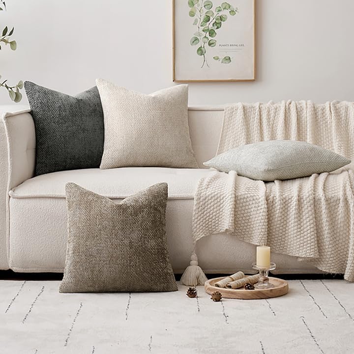 Pack of 4 Couch Throw Pillow Covers 18x18 Inch Neutral Soft Decorative Chenille Pillow Covers Farmhouse Boho Cushion Covers for Mid Century Modern Spring Home Decor Sofa Bedroom Living Room