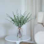 17.5" Artificial Eucalyptus Stems in Glass Vase with Faux Water,Fake Plant Eucalyptus Leaves White Seeds for Centerpiece Table Decorations Farmhouse Wedding Home Greenery Decor (Sage Green)