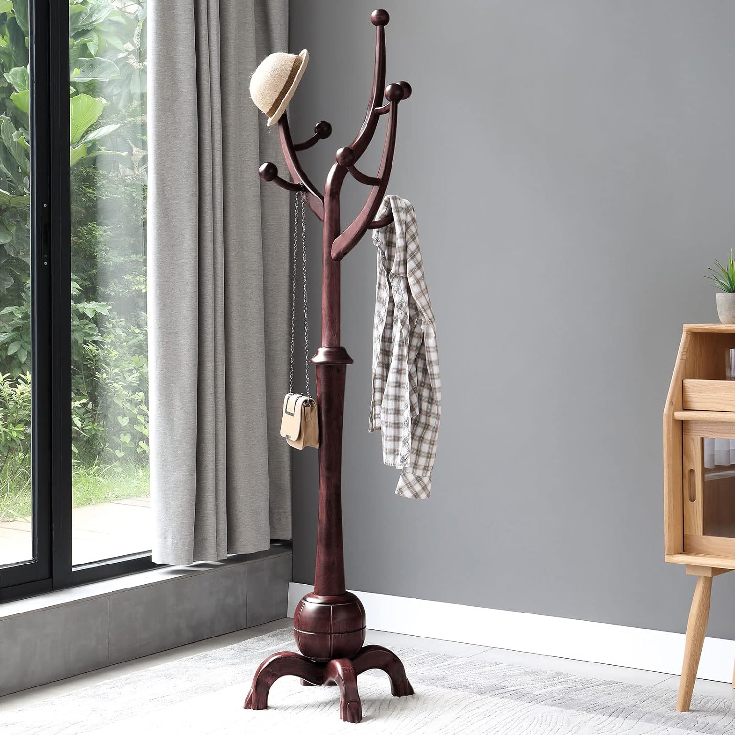 Coat Rack Freestanding Wood Coat Tree Rack with 8 Hooks, Creative Design Tree Branch-look, Standing Coat Rack Clothes Hanger Stand with Stury Base for Entryway, Hallway, Bedroom - Load 160lb (Walnut)