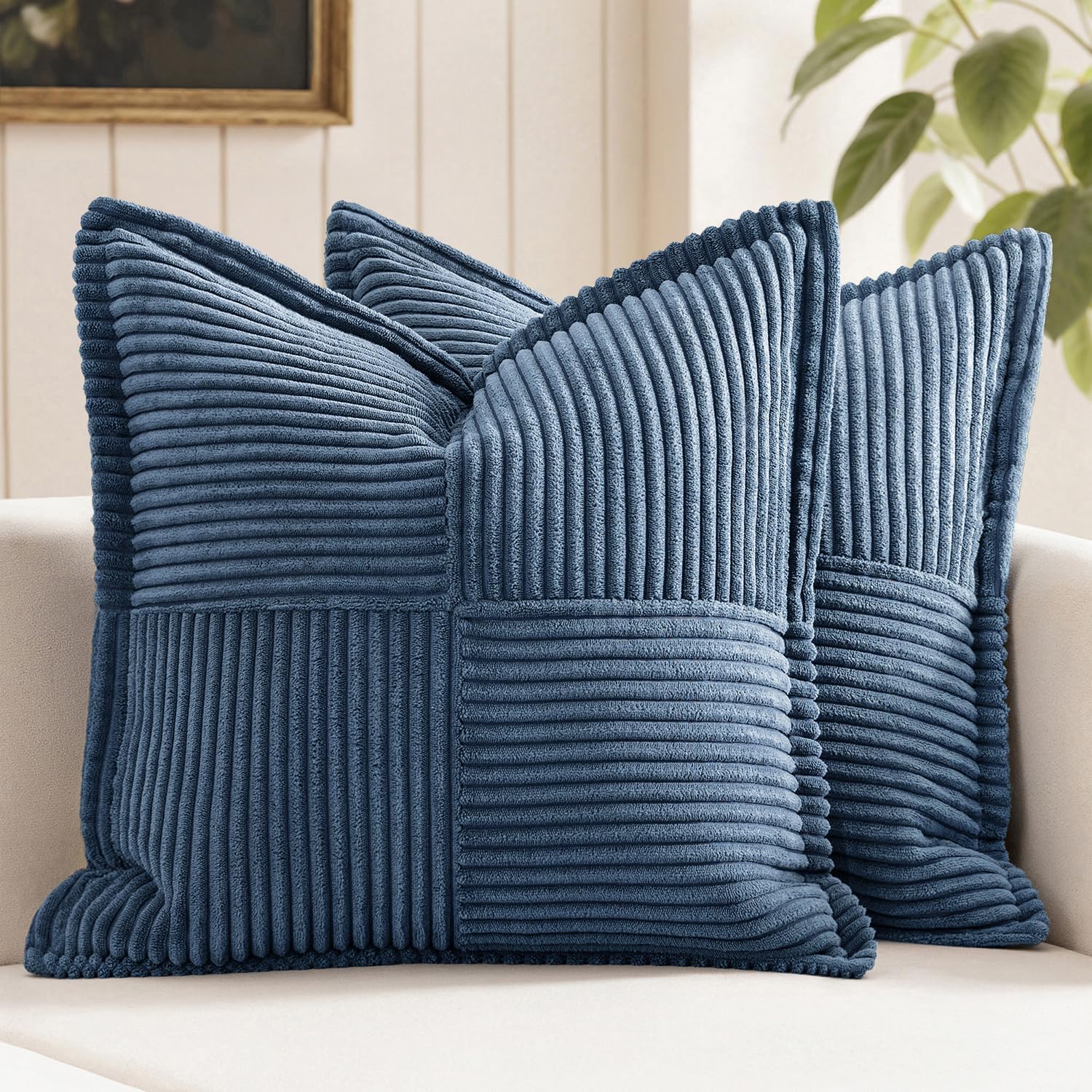 MIULEE Decorative Throw Pillow Covers for Couch Bed Livingroom 18x18 Inch Set of 2 Beige Boho Accent Throw Pllows Broadside Striped Patchwork Soft Corduroy Pillowcases