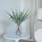 17.5" Artificial Eucalyptus Stems in Glass Vase with Faux Water,Fake Plant Eucalyptus Leaves White Seeds for Centerpiece Table Decorations Farmhouse Wedding Home Greenery Decor (Sage Green)